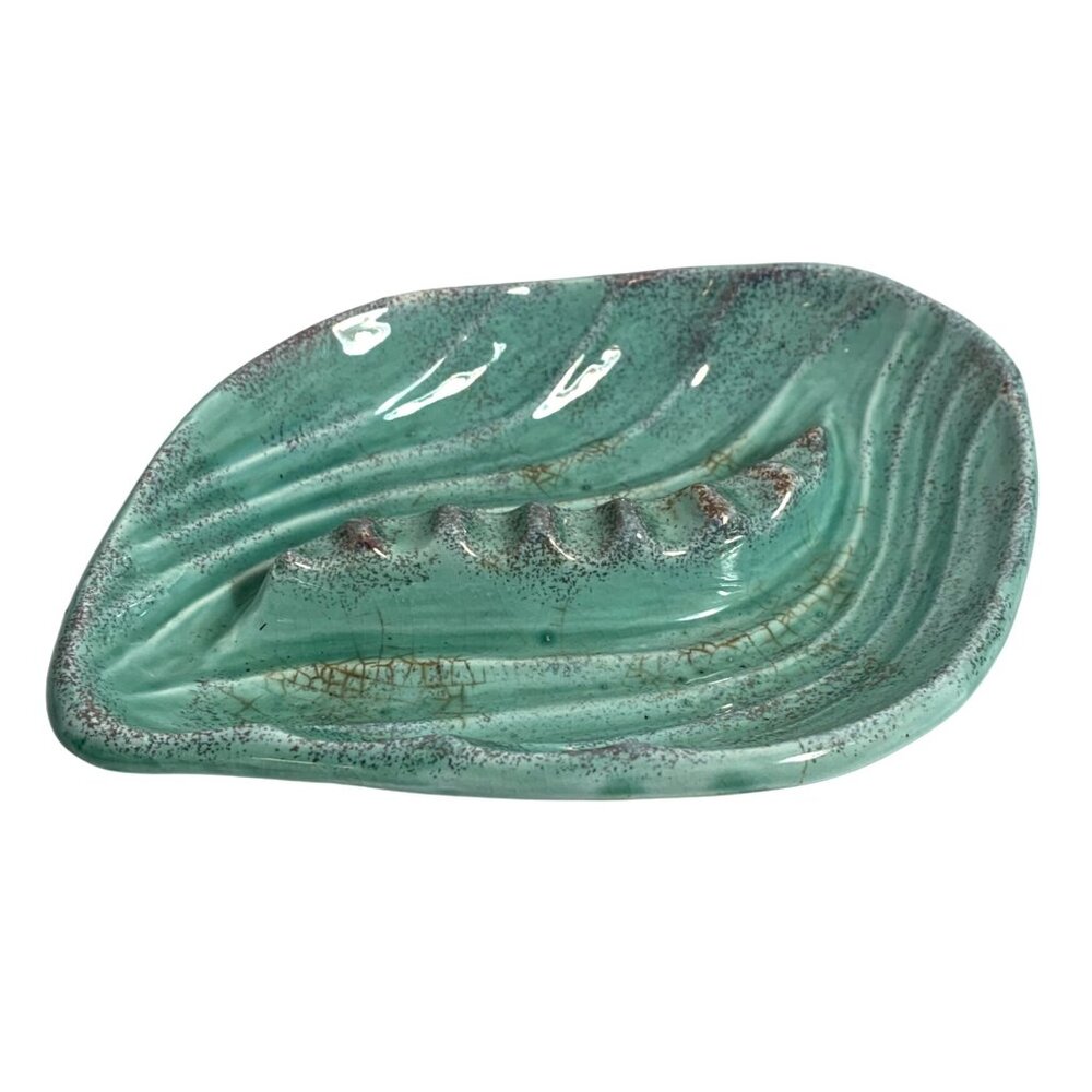 VTG Glazed Ceramic Leaf-Shaped Soap Dish Trinket Holder Ashtray MCM No Chips